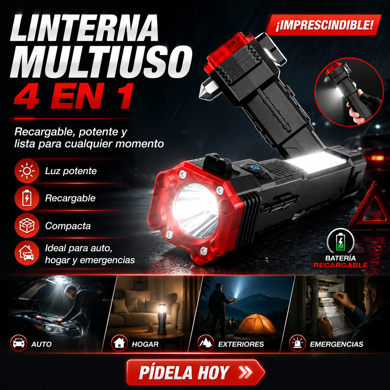 Linterna Multifuncional 4 En 1 Recargable